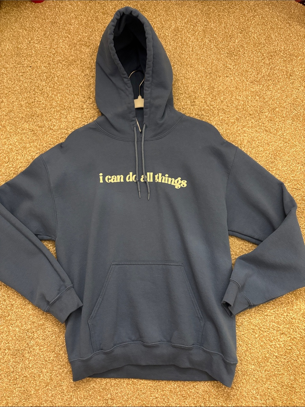 Blue Graphic Hoodie with Yellow Text
